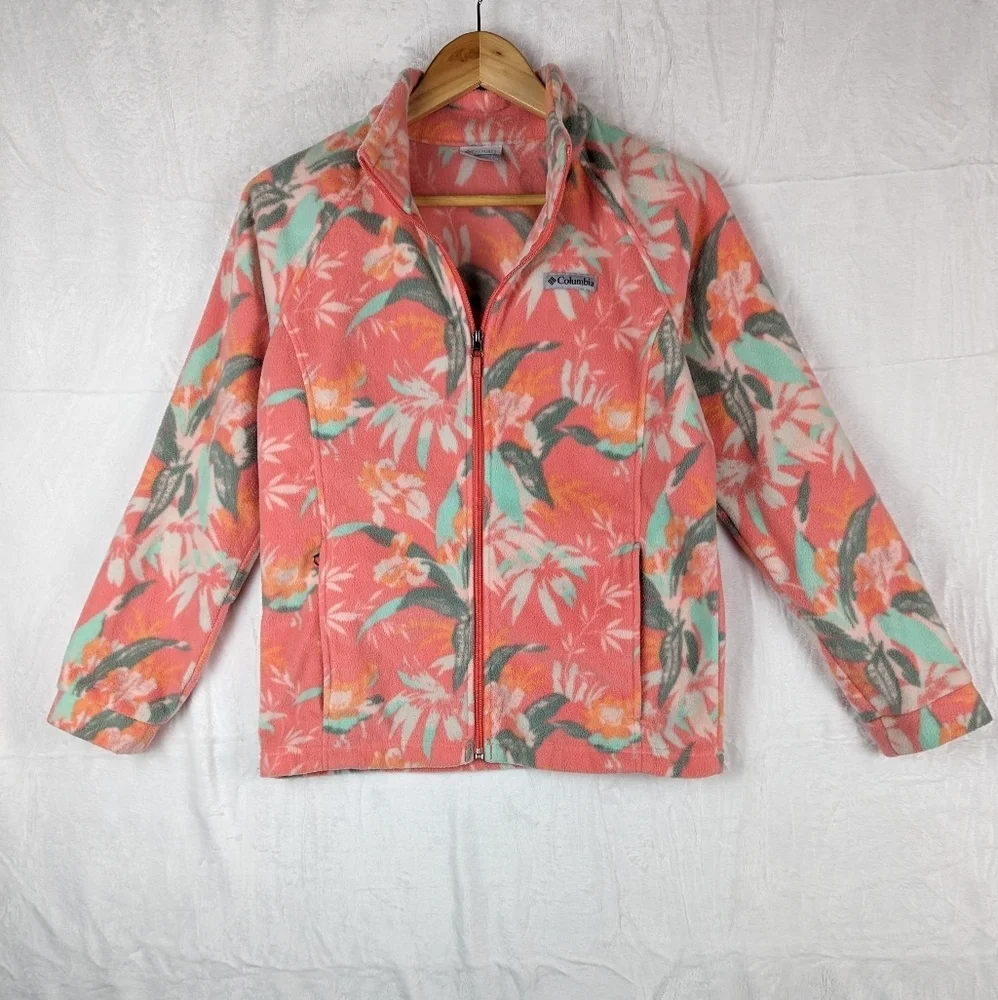 Columbia Floral Fleece Jacket‎ Youth XL Peachy Pink Green